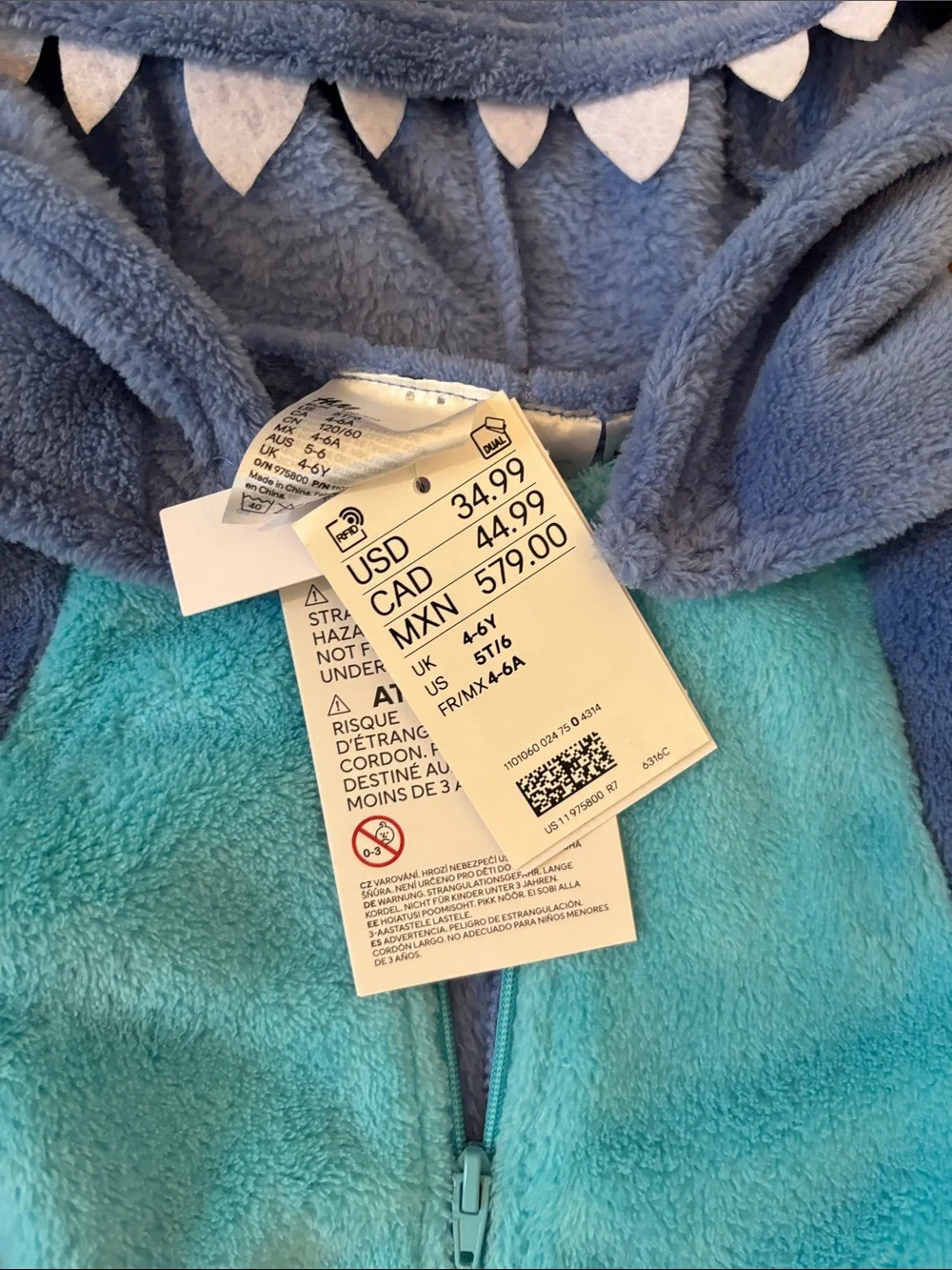 H&M Kids Blue & Aqua Stitch-Inspired Fleece One-Piece Bodysuit, 5-6 years
